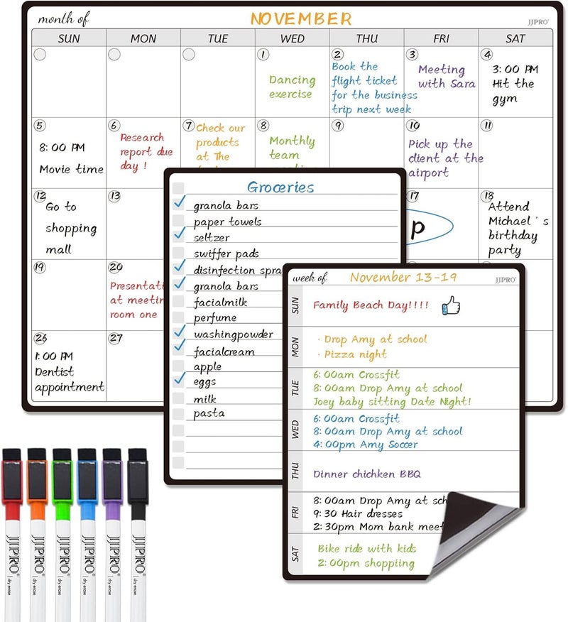 JJPRO Magnetic Monthly Calendar Whiteboard Set for Fridge-Monthly Planning Board and Two Bonus Dry Erase Grocery Board&Weekly Menu Board-Meal Planner Whiteboard/to-Do List-6 Markers - Image 1